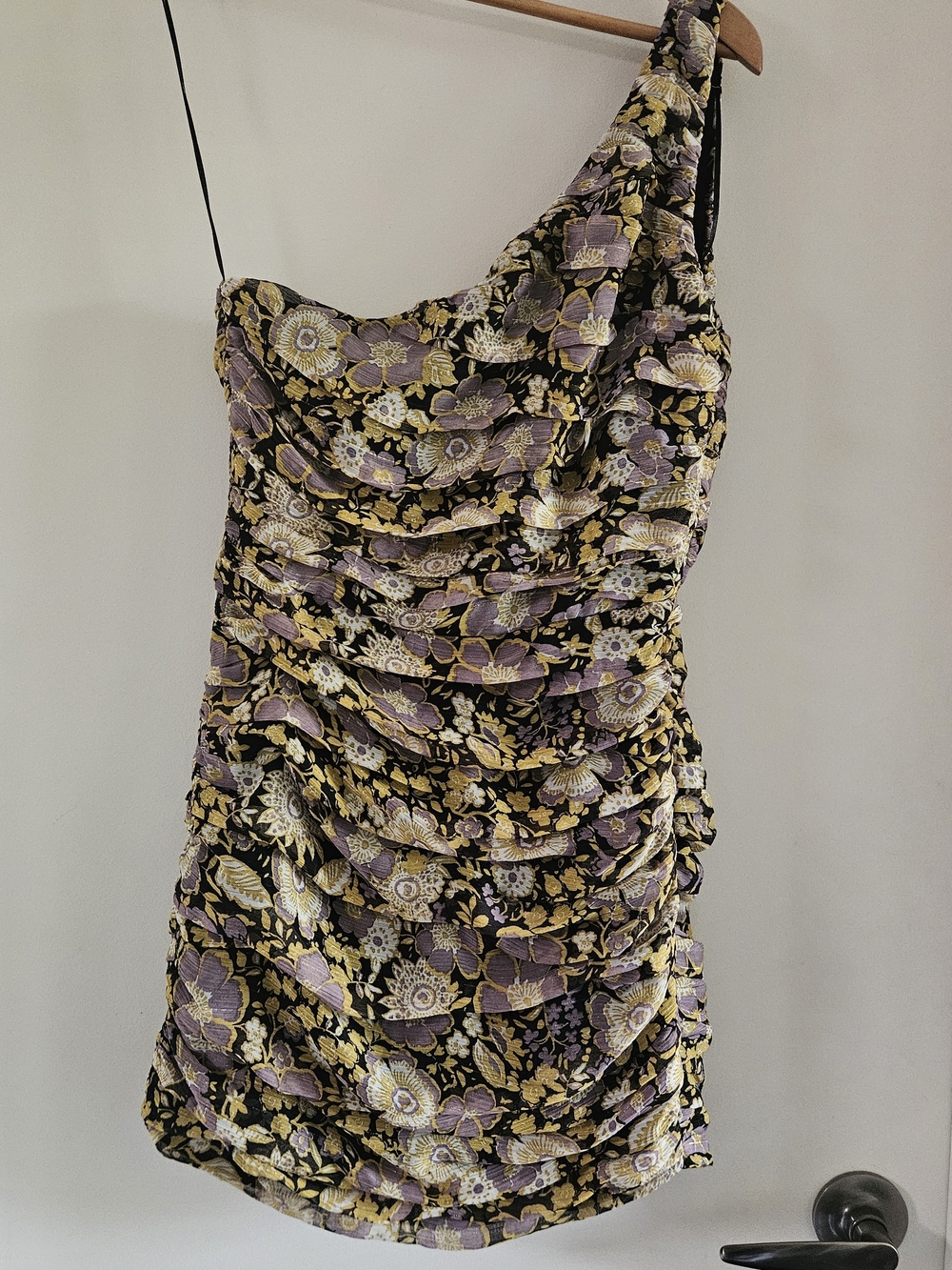 Zara Black One-Shoulder Floral Ruched Mini Dress with Lavender and Gold